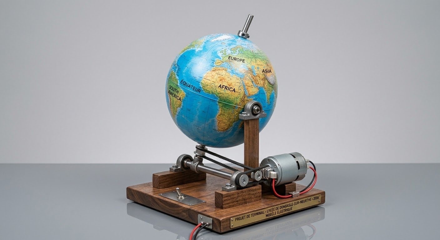 Globe terrestre miniature monté sur un axe incliné et entraîné par un petit moteur à courroie. Il repose sur un socle en bois sombre muni d'un interrupteur et d'une plaque en laiton gravée « Projet de terminal - Lycée de Donbasle-sur-Meurthe - 2016 - Modèle électrique », devant un fond gris clair.